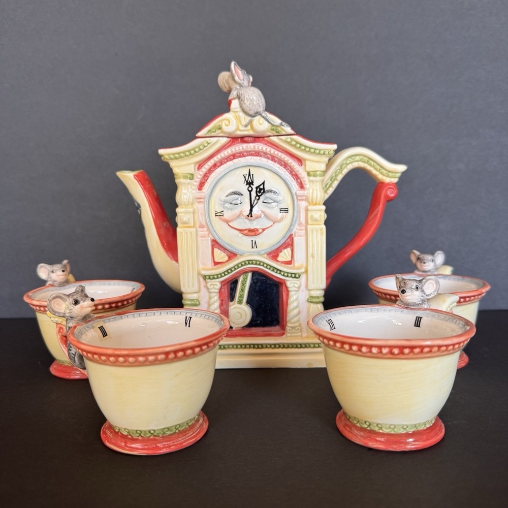 Vintage Department 56 Storybook Hickory Dickory Dock Handpainted Ceramic Tea Set